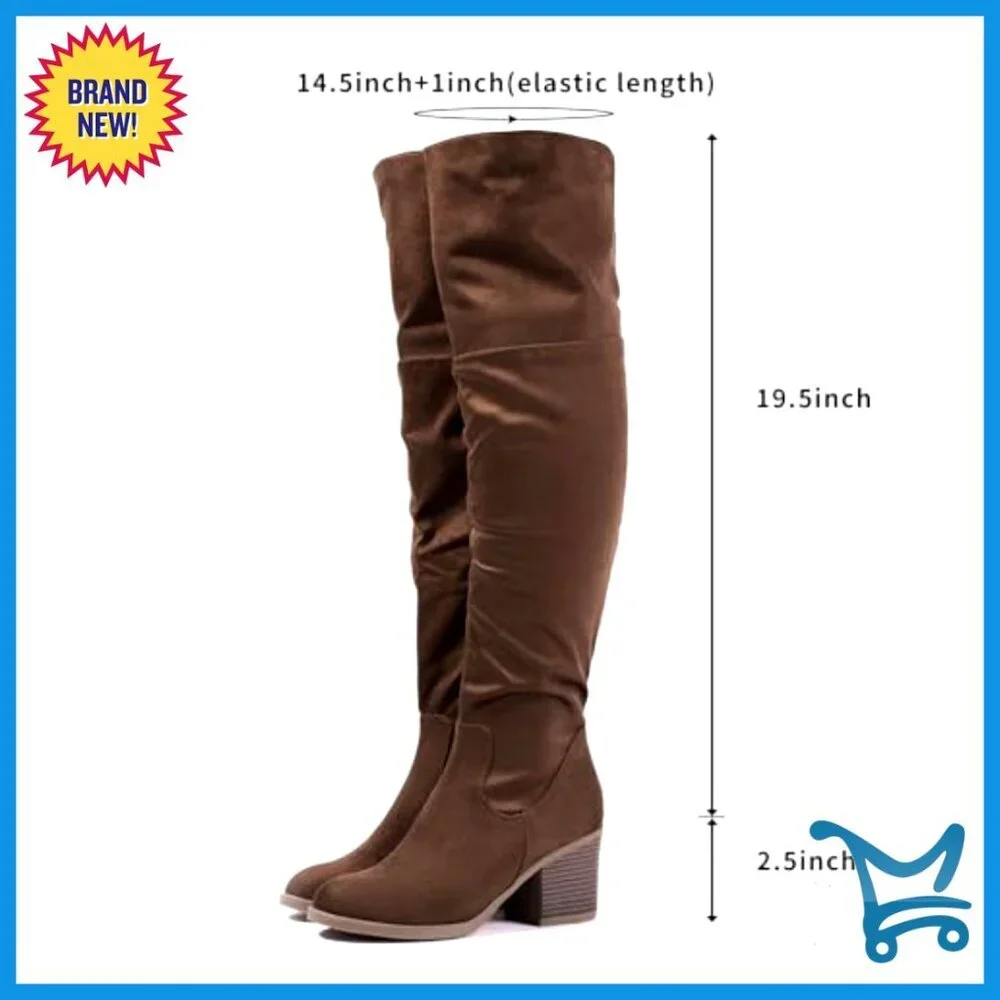 Thigh High Boots with Block Heel, Over the Knee, Faux Suede